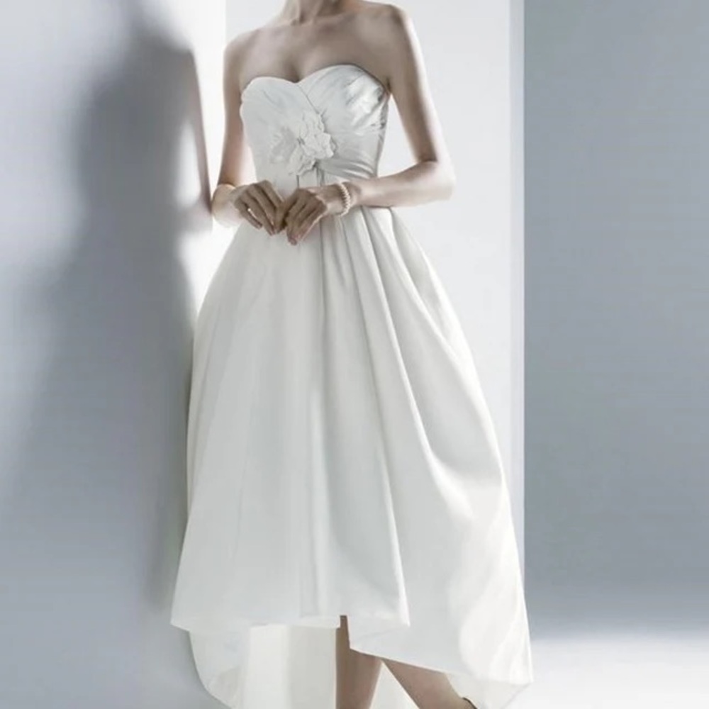 Oleg Cassini Davids Bridal Wedding Dress High Low Romantic Summer Vibe Pockets